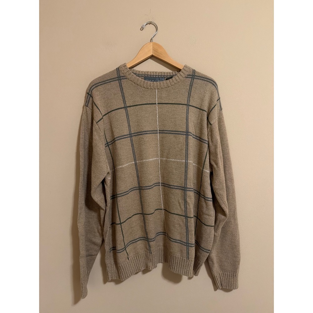 Oscar de la Renta Mens XXL Tan Windowpane Plaid Crewneck Sweater Cotton Blend